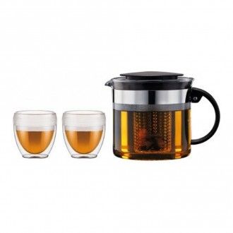 Набор чайный Bodum 3 предмета: чайник заварочный Bistro Nouveau 1л., набор термобокалов Pavina Outdoor  с двойными стенками из поликарбоната 0.25 л. - 2 шт., 1 л, цвет черный