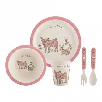 Набор детской посуды Kitchen Craft Visit A Farm Pig 5 предметов: тарелка, миска, ложка, вилка, кружка, 0.23 л, цвет розовый