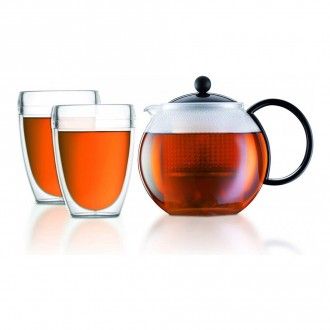 Набор чайный Bodum 3 предмета: чайник заварочный Assam 1л., набор термобокалов Pavina Outdoor  с двойными стенками из поликарбоната 0.35 л. - 2 шт., 1 л, цвет черный