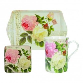 Набор чайный Kitchen Craft Rose Garden 3 предмета: кружка 0.35л., салфетка сервировочная 10.5 см., поднос, цвет розовый