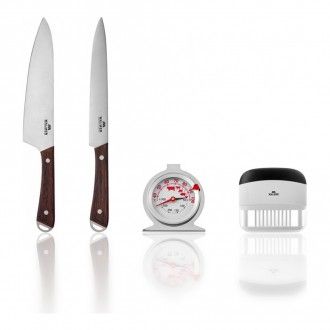 Набор Walmer 4 предмета: нож шеф Wenge 20 см + нож разделочный Wenge 20 см + термометр для приготовления мяса в духовке Home Chef + тендерайзер Home Chef, цвет темное дерево
