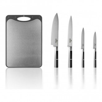 Набор Walmer Professional 5 предметов: нож шеф 20 см + разделочный нож 18 см + универсальный нож 13 см + нож для овощей и фруктов 9 см + доска разделочная Steel Back, цвет хром