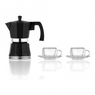 Набор Walmer: гейзерная кофеварка Magnet с индукционным дном + кофейная пара Floral 2 шт. 0.08 л, цвет черный